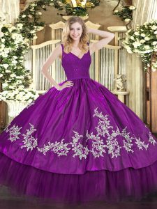 Fuchsia Zipper V-neck Beading and Appliques Sweet 16 Dress Taffeta Sleeveless