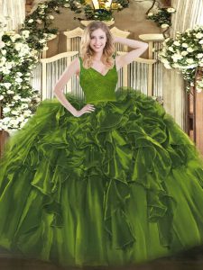 Sleeveless Floor Length Beading and Ruffles Zipper Quinceanera Gowns with Olive Green