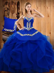 Sumptuous Sleeveless Organza Floor Length Lace Up Sweet 16 Quinceanera Dress in Blue with Embroidery and Ruffles