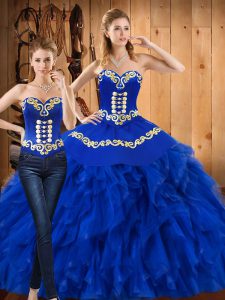 Shining Blue Sweetheart Neckline Embroidery and Ruffles Sweet 16 Dress Sleeveless Lace Up