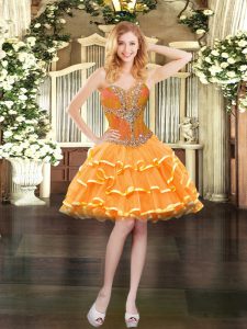 Custom Made Orange Ball Gowns Organza Sweetheart Sleeveless Beading and Ruffled Layers Mini Length Lace Up Prom Party Dress