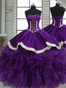 Fabulous Purple Satin and Organza Lace Up Sweetheart Sleeveless Floor Length 15th Birthday Dress Beading and Ruffles