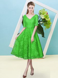 Best V-neck Half Sleeves Lace Up Dama Dress Green Lace
