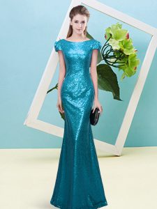 Customized Cap Sleeves Sequined Floor Length Zipper Prom Dress in Teal with Sequins