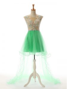 Colorful Turquoise Scoop Neckline Appliques Prom Dress Sleeveless Backless