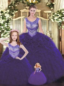 Custom Design Dark Purple Sleeveless Floor Length Beading and Ruffles Lace Up Ball Gown Prom Dress