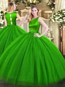 Fancy Sleeveless Floor Length Belt Clasp Handle 15th Birthday Dress with Green