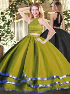 Excellent Halter Top Sleeveless Backless Quinceanera Dresses Olive Green Tulle