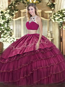 Classical High-neck Sleeveless Backless Quince Ball Gowns Fuchsia Tulle