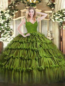 Affordable Olive Green Organza Backless V-neck Sleeveless Floor Length 15th Birthday Dress Beading and Lace and Ruffled Layers