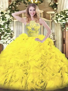 Hot Selling Gold Ball Gowns Halter Top Sleeveless Tulle Floor Length Zipper Beading and Ruffles Quince Ball Gowns