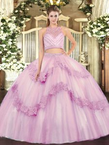 Custom Made Floor Length Zipper 15 Quinceanera Dress Lilac for Military Ball and Sweet 16 and Quinceanera with Beading and Appliques