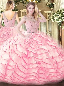Clearance Sweep Train Ball Gowns Sweet 16 Dresses Baby Pink Bateau Tulle Sleeveless Zipper