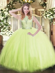 Elegant Sleeveless Tulle Floor Length Backless 15th Birthday Dress in Yellow Green with Lace