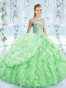 Customized Apple Green Sleeveless Organza Brush Train Lace Up 15th Birthday Dress for Sweet 16 and Quinceanera