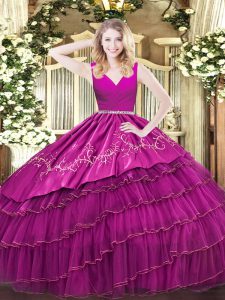 Fuchsia Zipper Ball Gown Prom Dress Embroidery and Ruffled Layers Sleeveless Floor Length