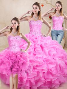 Trendy Lilac Ball Gowns Sweetheart Sleeveless Organza Floor Length Lace Up Beading and Ruffles Quinceanera Gown