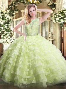 Yellow Green 15 Quinceanera Dress Military Ball and Sweet 16 and Quinceanera with Lace and Ruffled Layers Scoop Sleeveless Backless