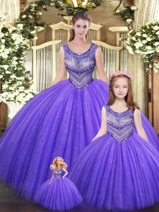 Eggplant Purple Sleeveless Floor Length Beading Lace Up Quinceanera Gown