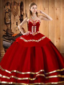 Wine Red Ball Gown Prom Dress Military Ball and Sweet 16 and Quinceanera with Embroidery Sweetheart Sleeveless Lace Up