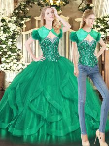 Colorful Tulle Sweetheart Sleeveless Lace Up Beading and Ruffles Sweet 16 Dress in Green