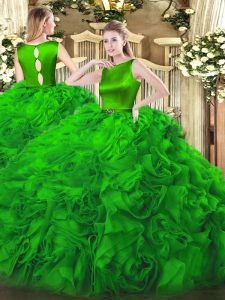 Scoop Sleeveless 15 Quinceanera Dress Floor Length Belt Green Fabric With Rolling Flowers