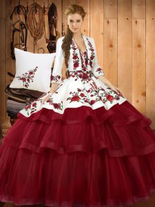 Exceptional Wine Red Ball Gowns Organza Sweetheart Sleeveless Embroidery Lace Up Sweet 16 Dress Sweep Train