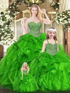 Nice Sleeveless Floor Length Beading and Ruffles Lace Up Quinceanera Dresses with Green
