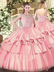Rose Pink Sleeveless Floor Length Beading and Ruffled Layers Zipper Quince Ball Gowns
