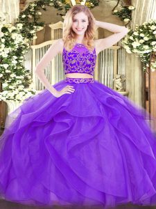 Unique Lavender Zipper Sweet 16 Dresses Beading and Ruffles Sleeveless Floor Length