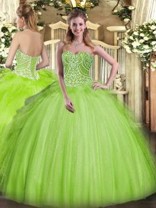 Pretty Sweetheart Sleeveless Ball Gown Prom Dress Floor Length Beading and Ruffles Yellow Green Organza