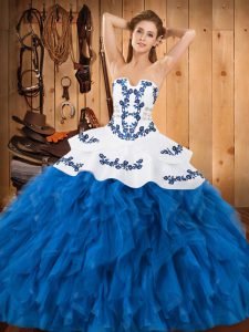 Fashionable Floor Length Blue And White Quince Ball Gowns Strapless Sleeveless Lace Up