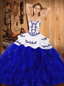 Fashion Sleeveless Satin and Organza Floor Length Lace Up Sweet 16 Quinceanera Dress in Blue And White with Embroidery and Ruffles