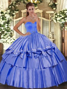 Admirable Floor Length Blue Sweet 16 Quinceanera Dress Taffeta Sleeveless Beading and Ruffled Layers