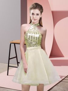 Light Yellow Court Dresses for Sweet 16 Prom and Party and Wedding Party with Sequins Halter Top Sleeveless Backless