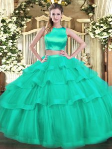 Noble Sleeveless Tulle Floor Length Criss Cross Quince Ball Gowns in Aqua Blue with Ruffled Layers