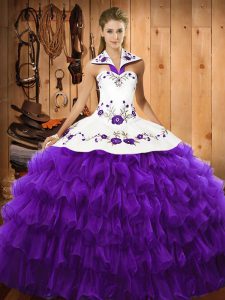 Charming Organza Halter Top Sleeveless Lace Up Embroidery and Ruffled Layers Quince Ball Gowns in Purple
