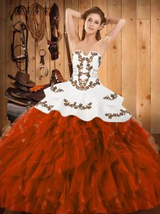 Modest Sleeveless Satin and Organza Floor Length Lace Up 15 Quinceanera Dress in Rust Red with Embroidery and Ruffles