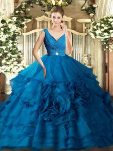 V-neck Sleeveless Ball Gown Prom Dress Floor Length Beading and Ruching Blue Organza