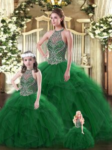 Sleeveless Floor Length Beading and Ruffles Lace Up Quince Ball Gowns with Dark Green