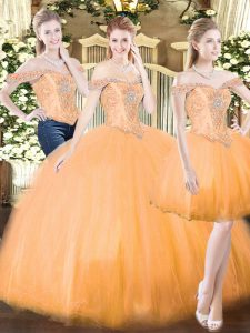 Flare Orange Red Lace Up Quince Ball Gowns Beading and Ruffles Sleeveless Floor Length