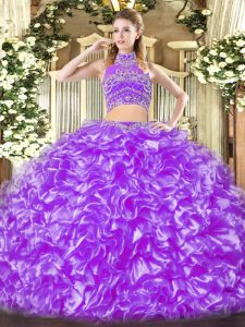 Tulle High-neck Sleeveless Backless Beading and Ruffles Ball Gown Prom Dress in Lavender