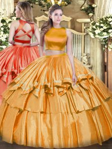 Smart Sleeveless Tulle Floor Length Criss Cross Quinceanera Dress in Orange with Ruffled Layers