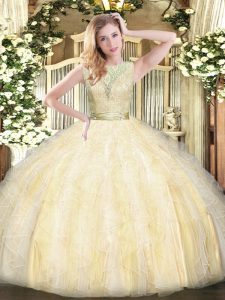 Popular Light Yellow Sleeveless Floor Length Lace and Ruffles Backless Quinceanera Dresses
