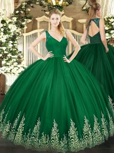 Custom Design Tulle Sleeveless Floor Length Ball Gown Prom Dress and Beading and Lace and Appliques