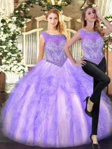Enchanting Lilac Tulle Zipper Quince Ball Gowns Sleeveless Floor Length Beading and Ruffles