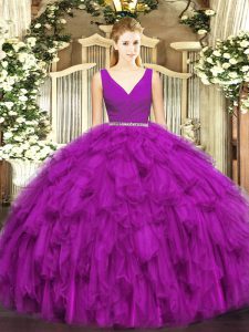 Top Selling Fuchsia Two Pieces Beading and Ruffles Ball Gown Prom Dress Zipper Tulle Sleeveless Floor Length