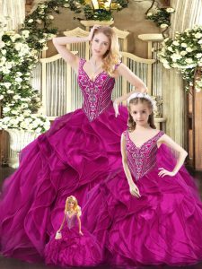 Sweet Floor Length Fuchsia 15th Birthday Dress Straps Sleeveless Lace Up
