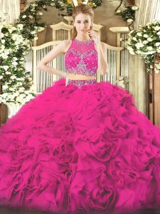 Modest Floor Length Fuchsia Quince Ball Gowns Fabric With Rolling Flowers Sleeveless Beading