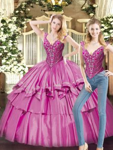 Classical Fuchsia V-neck Lace Up Beading and Ruffled Layers 15 Quinceanera Dress Sleeveless
